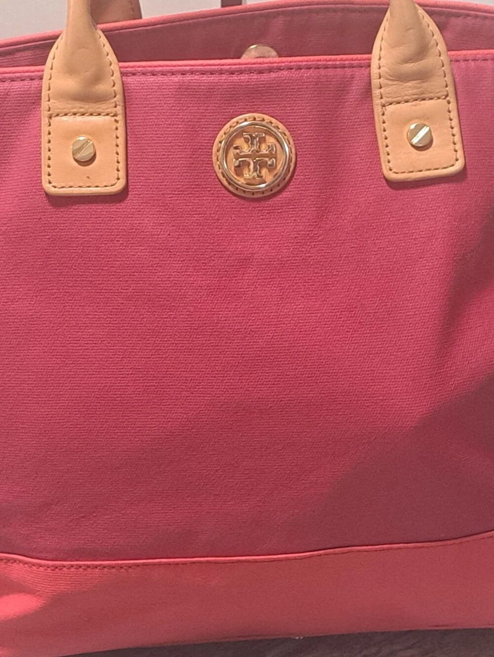 Tory Burch Red Canvas Tote with Tan Leather Handles